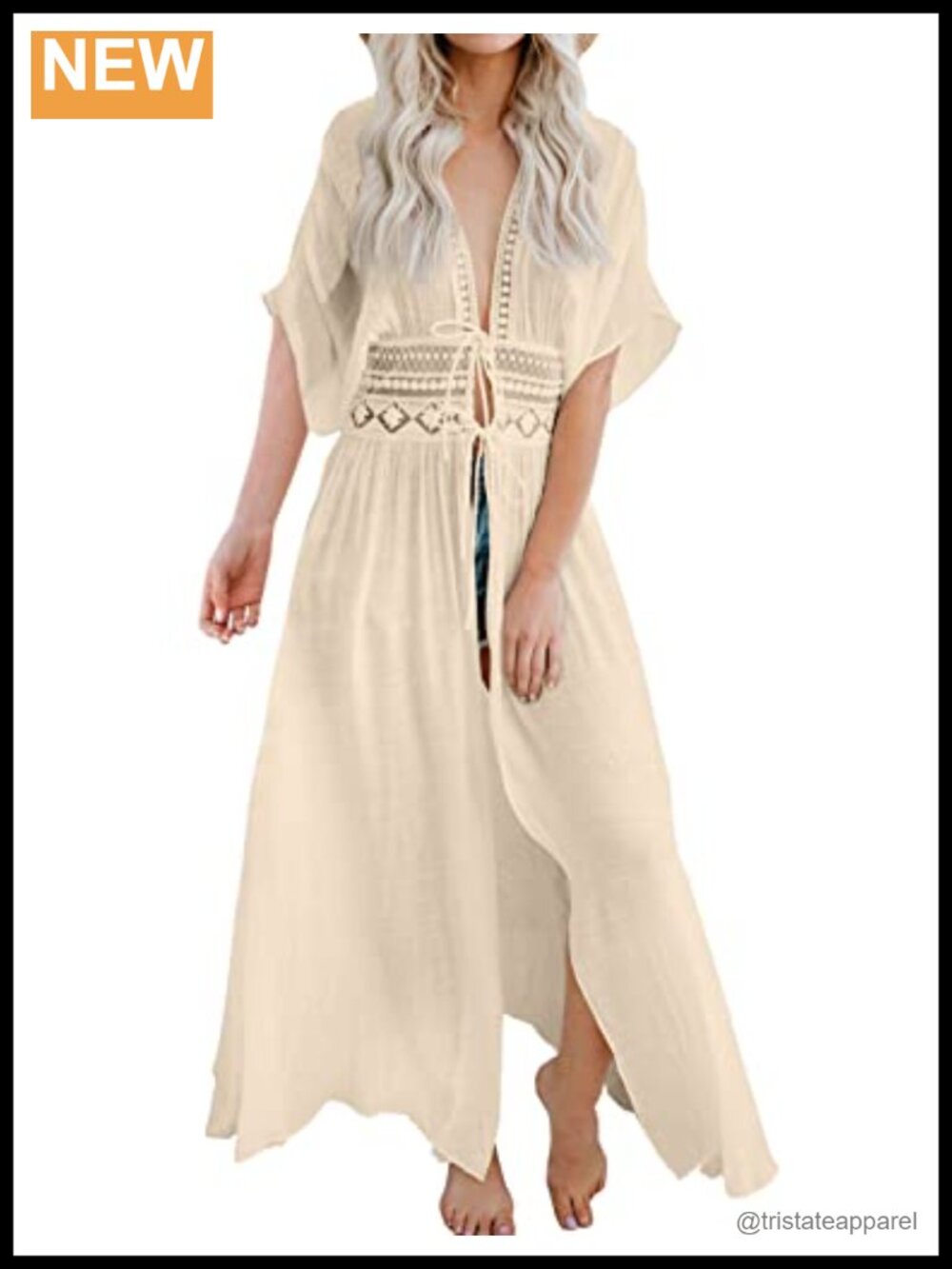 Lace Kimono Swimsuit Coverup Sheer Beachwear Tie Front Bathing Suit